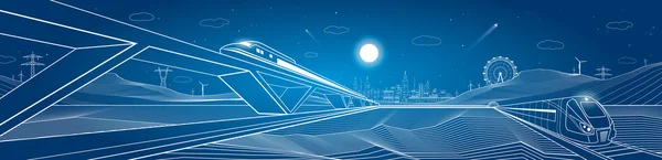 Dos trenes se mueven, composición dinámica, montañas y ciudad nocturna en el fondo, arte vectorial — Archivo Imágenes Vectoriales