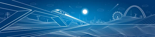 Train move, dynamic composition, mountains and night city on background, vector art — Stock Vector