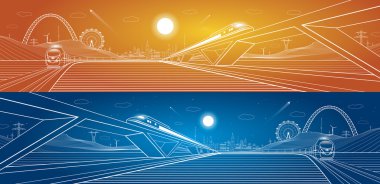 Two trains moves, dynamic composition, mountains and city nightlife on background, day and night