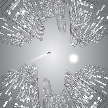 Airplane flying. Business building, vector lines, silver illustration