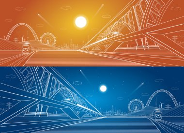 Two trains move on the railroad, dynamic composition. Two big bridges on background, vector industrial and transport illustration, vector lines landscape, night city, vector design, day and night