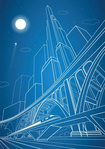 Tren se mueven en el puente, ciudad nocturna y puente grande sobre fondo, vector industrial y transporte ilustración, vector líneas paisaje, ciudad nocturna, diseño de vectores — Vector de stock