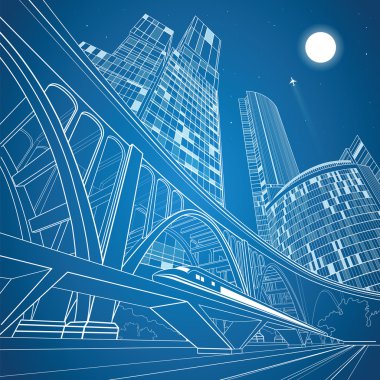 Köprü, gece şehir ve arka plan, vektör sanayi ve taşıma illüstrasyon, vektör satırları peyzaj, gece kasaba, vektör tasarımı üzerinde büyük Köprüsü tren hareket