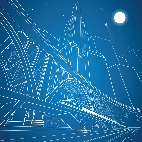 Trein verplaatsen op de brug, de nacht stad en de grote brug op de achtergrond, industriële en vervoer vectorillustratie, vector lijnen landschap, nacht stad, vector design — Stockvector