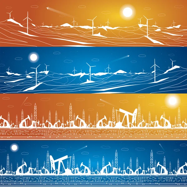 Vektorové ilustrace sady, panorama, větrné mlýny v horách, sloupové jeřáby čerpadlo oleje, dnem i nocí — Stockový vektor
