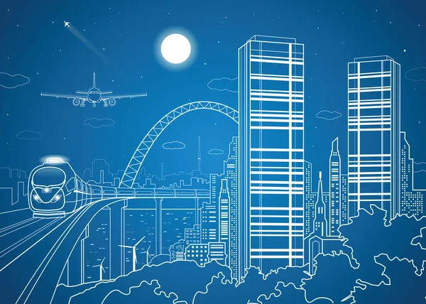 Stadt- und Verkehrsbild, Nachtstadt, Flugzeug fliegen, Zug auf der Brücke — Stockvektor