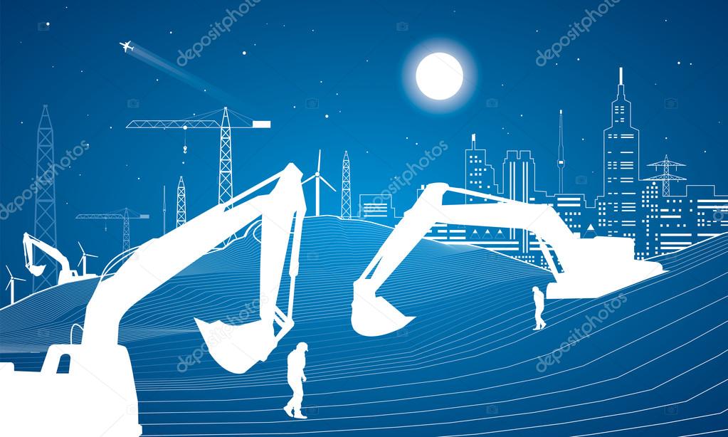 Building illustration, industrial landscape, building cranes, excavators, vector lines design