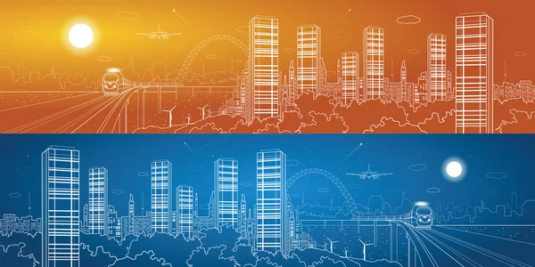 Città e composizione dei trasporti, linee vettoriali paesaggio, città di notte, aereo volare, treno sul ponte, progettazione vettoriale — Vettoriale Stock