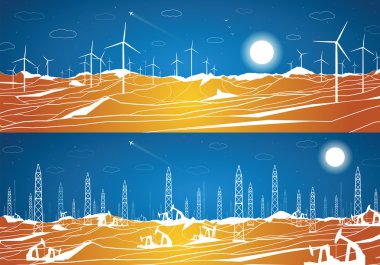 Vektör ekoloji panorama, yeşil enerji ve sanayi, yel değirmenleri ve ekoloji petrol kuyuları ve petrol, mavi ve turuncu illüstrasyon karşı kirletici