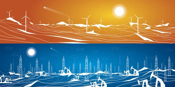 Vector ekologi panorama, grön energi och förorenande industri, väderkvarnar och ekologi mot oljeplattformar och petroleum, blå och orange illustration — Stock vektor