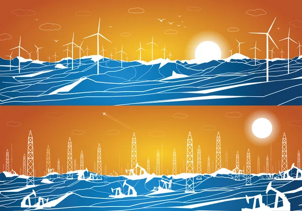 Vector ecology panorama, green energy and polluting industry, windmills and ecology against oil rigs and petroleum, blue and orange illustration — Stock Vector