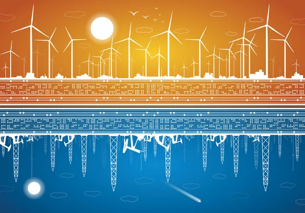 Panorama ecológico vectorial, energía verde e industria contaminante, molinos de viento y ecología contra plataformas petrolíferas y petróleo, ilustración azul y naranja — Vector de stock