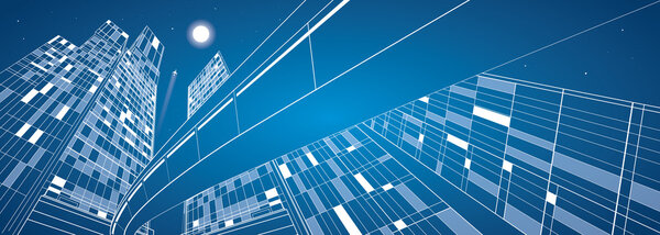 Business building, overpass, night city, airplane flying, vector design panorama