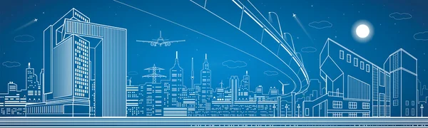 Panorama de la ciudad, ciudad nocturna, paisaje de infraestructura, despegue de aviones, sobrevuelo, arte de diseño vectorial — Vector de stock