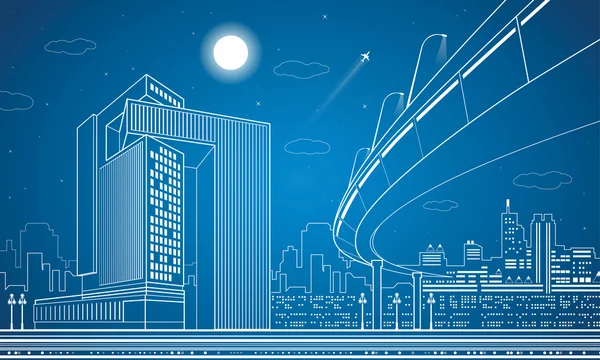 Vector nigh town, architecture, lines design, city infrastructure, overpass, vector bridge — Stock Vector