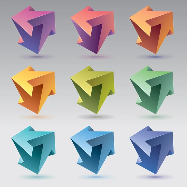 9 Formas imposibles, 3 flechas, cristales irreales. Objetos vectoriales abstractos, conjunto de colores — Vector de stock