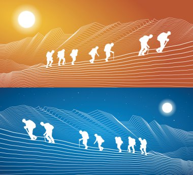 Hikers in the mountains, climbing in tandem, vector design art clipart