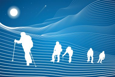 Tandem, vektör tasarım sanat, aşırı spor tırmanma yürüyüşçü dağlarda,