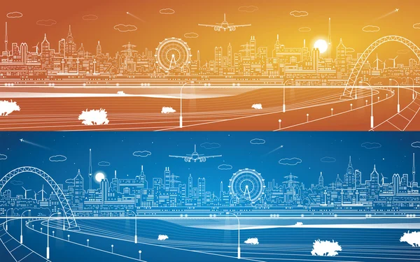 Panorama infrastruktury města, průmyslové krajiny, silnice pod mostem, vektorový design linky město — Stockový vektor