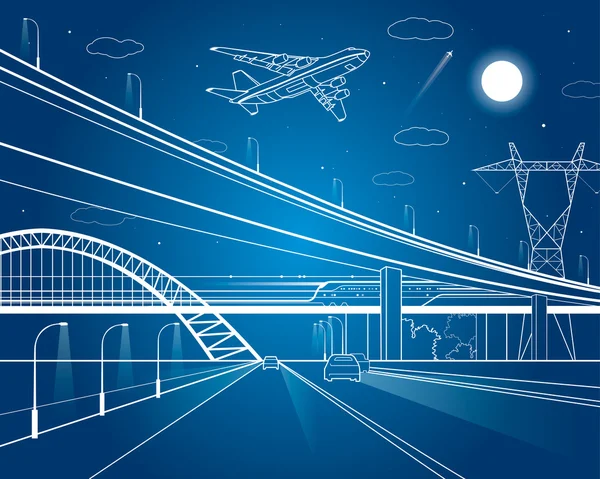 Car overpass, infrastructure, urban plot, the plane takes off, vector design art — Stock Vector