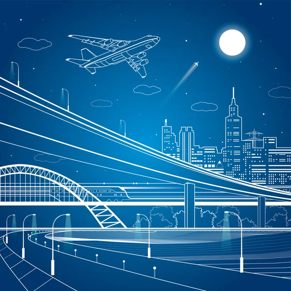 汽车立交桥、 城市基础设施、 城市的情节，飞机起飞，火车移动，矢量设计艺术 — 图库矢量图片