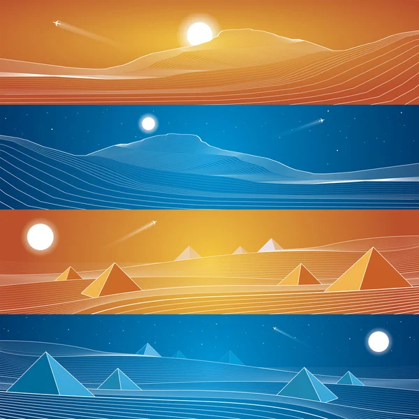 Pirámide, líneas blancas, dunas de arena, montañas, desierto, panorama nocturno, arte de diseño vectorial — Vector de stock