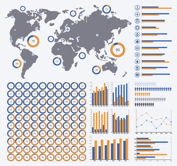 Ensemble d'infographies vectorielles, diagrammes circulaires de 1 à 100 %, plus de graphiques, carte du monde, icônes de transport, éléments pour votre présentation d'entreprise — Image vectorielle