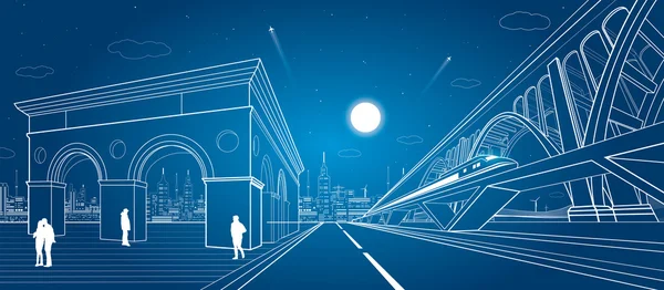 Ilustração de transporte e infra-estrutura, passeios de trem na ponte, cidade noturna, edifício com arcos, as pessoas andam na praça, projeto de vetor, estrada automática —  Vetores de Stock