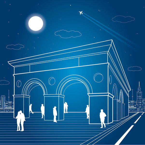 Infrastructure illustration, night city, building with arches, people walk on the square, vector design