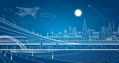 Araba Üstgeçit, şehir altyapı, kentsel arsa, uçak alır kapalı, tren hareket, taşıma illüstrasyon vektör tasarım sanat