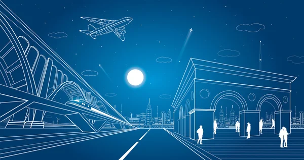 Transport and infrastructure illustration, train rides on the bridge, night city, building with arches, people walk on the square, vector design, auto road and airplane fly — Stock Vector