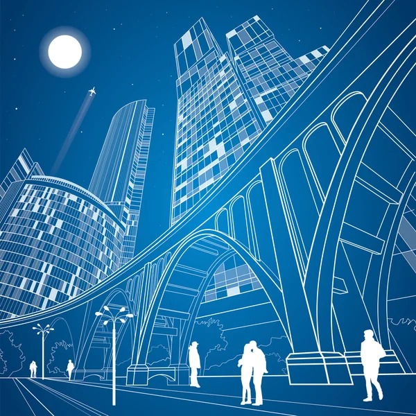Große Brücke, Nacht Stadt auf Hintergrund, Vektor Industrie und Infrastruktur Illustration, Vektorlinien Landschaft, Neon-Stadt, Vektor-Design-Kunst — Stockvektor