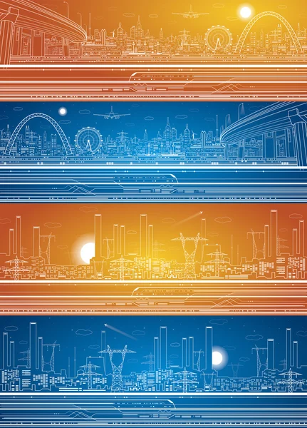 Vektor-Set, Industrie- und Transportpanorama, Kraftwerk, Industriestadt, Infrastruktur- und Technologielandschaft, Tag und Nacht, Vektor-Design-Kunst — Stockvektor