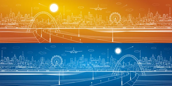 Şehir altyapı panorama, endüstriyel peyzaj, köprü, vektör tasarım neon hatları şehir altında yolu — Stok Vektör