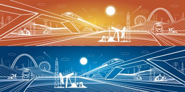 İki hamle, altyapı ve ulaşım kompozisyon, dağlar ve petrol panorama, arka plan üzerinde şehir gece hayatı gece gündüz trenler