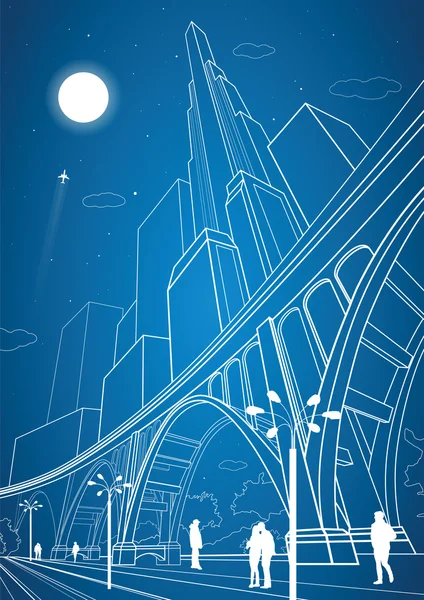 Big bridge, night city on background, vector industrial and infrastructure illustration, vector lines landscape, neon town, vector design art — Stock Vector