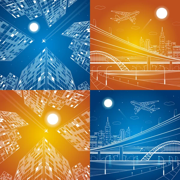 Infrastructure et transport illustration, bâtiment d'affaires, vol d'avion, ville néon, dépassement de voiture, parcelle urbaine, décollage d'avion, mouvement de train, jour et nuit, ensemble de conception vectorielle — Image vectorielle