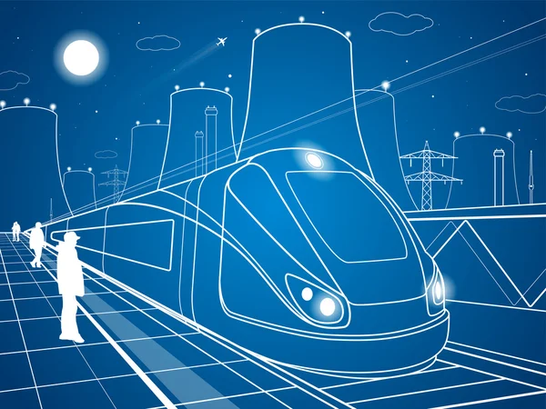 Train on station, industrial illustration, energy plant, vector design art — Stock Vector