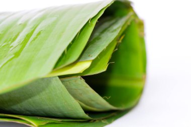 Gazala Muz Yaprağı ya da Beyaz Arkaplan 'daki Vazhayila' nın yakın plan görüntüsü. Normalde Kerala 'da Onam kutlamaları sırasında Sadhya' da yemek yenir. Seçici Odaklanma
