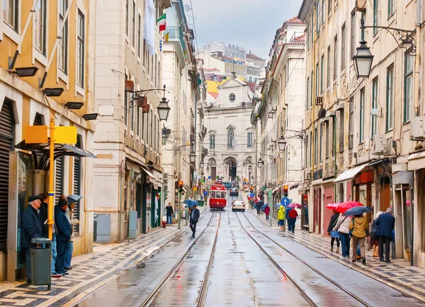 Red Tram Rua Conceicao Aview Historic Edifices Church Santa Maria — Stock Photo, Image