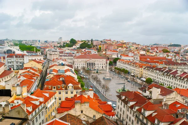 Vista Aérea Praça Rossio Com Pavimento Tradicional Ondulado Português Coluna — Fotografia de Stock