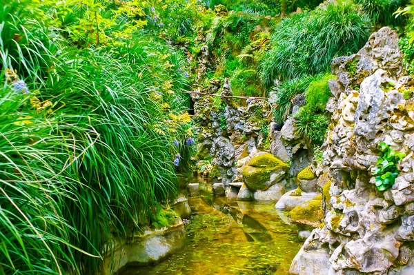 Quinta Regaleira Garden Pond Rocky Cliffs Lush Greenery Sintra Portugal — Stock Photo, Image