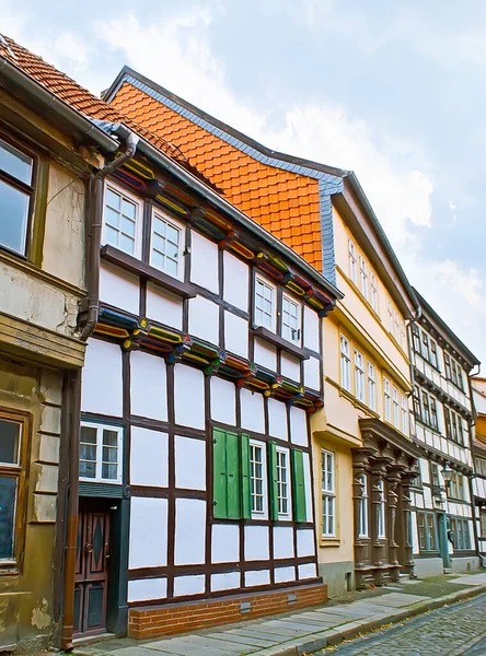 Antiga Rua Holle Com Casas Meia Madeira Preservadas Quedlinburg Harz — Fotografia de Stock