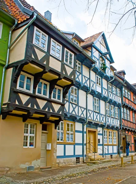 Scenic Medieval Half Timbered Houses Marktkirchhof Quedlinburg Harz Germany — Stock Photo, Image