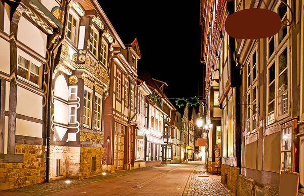 The Wendenstrasse street of old town is lined with preserved medieval half-timbered houses with carved and painted decorations, Hamelin,  Germany