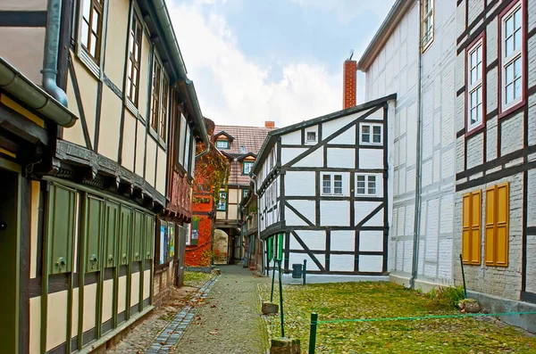 Fedezze Fel Quedlinburg Óvárosát Keskeny Utcáival Sikátoraival Mint Például Schuhhof — Stock Fotó