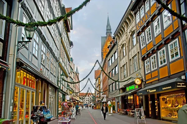 Hanover Germany November 2012 Kramerstrasse Historic Houses Stores Christmas Decorations — Stock Photo, Image