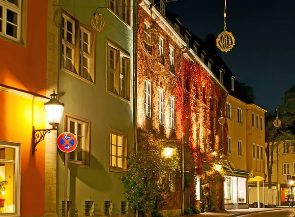 The colored buildings and bright lights of Ballhofstrasse street, located in Altstadt (Old Town) of Hanover, Germany