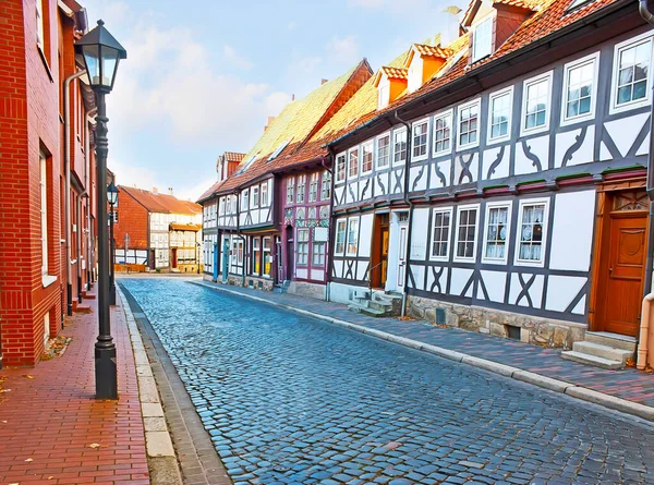 Erkunden Sie Traditionelle Fachwerkhäuser Der Straße Gelber Stern Hildesheim Deutschland — Stockfoto