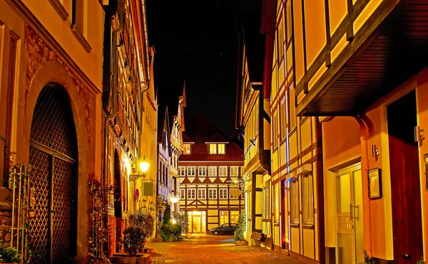 Salida Noche Kupferschmiedestrasse Calle Con Casas Históricas Entramado Madera Hamelin — Foto de Stock
